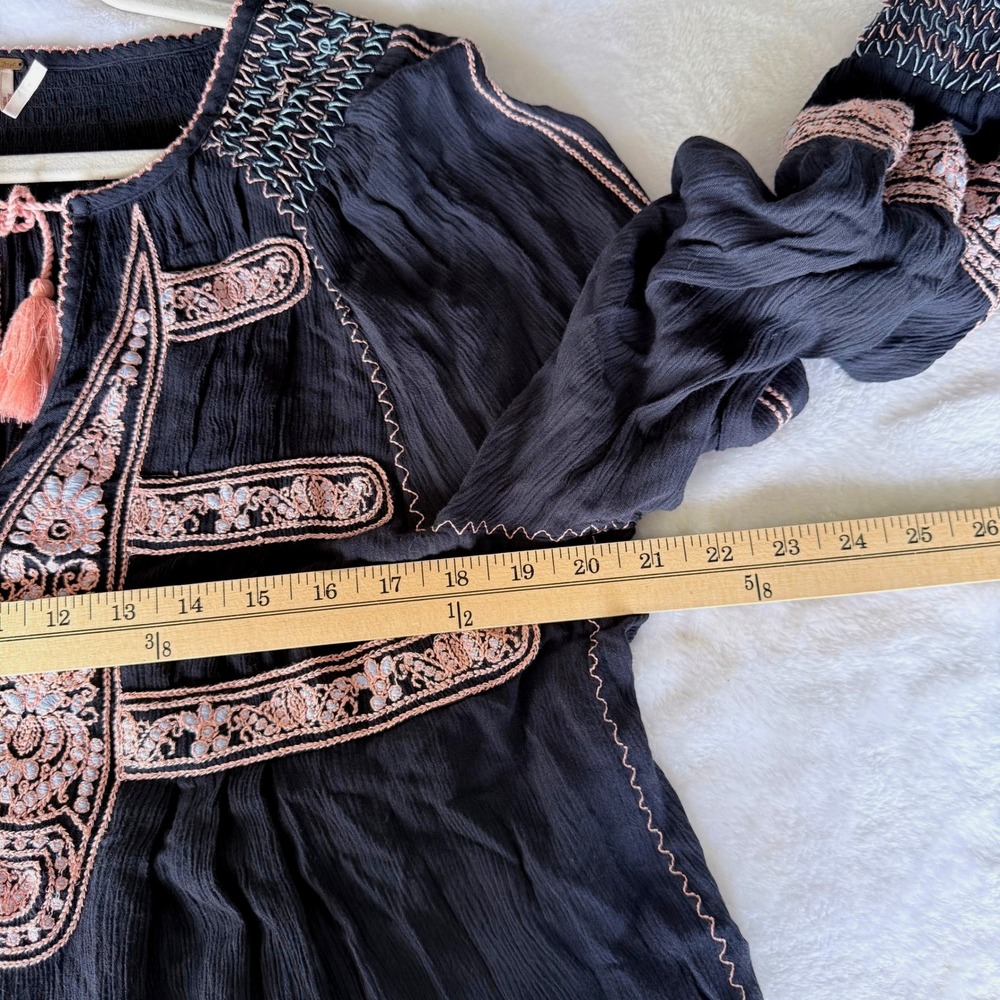 Free People Wind Willow Navy Blue Embroidered Tassel Peasant Tunic Top Small - Picture 6 of 6